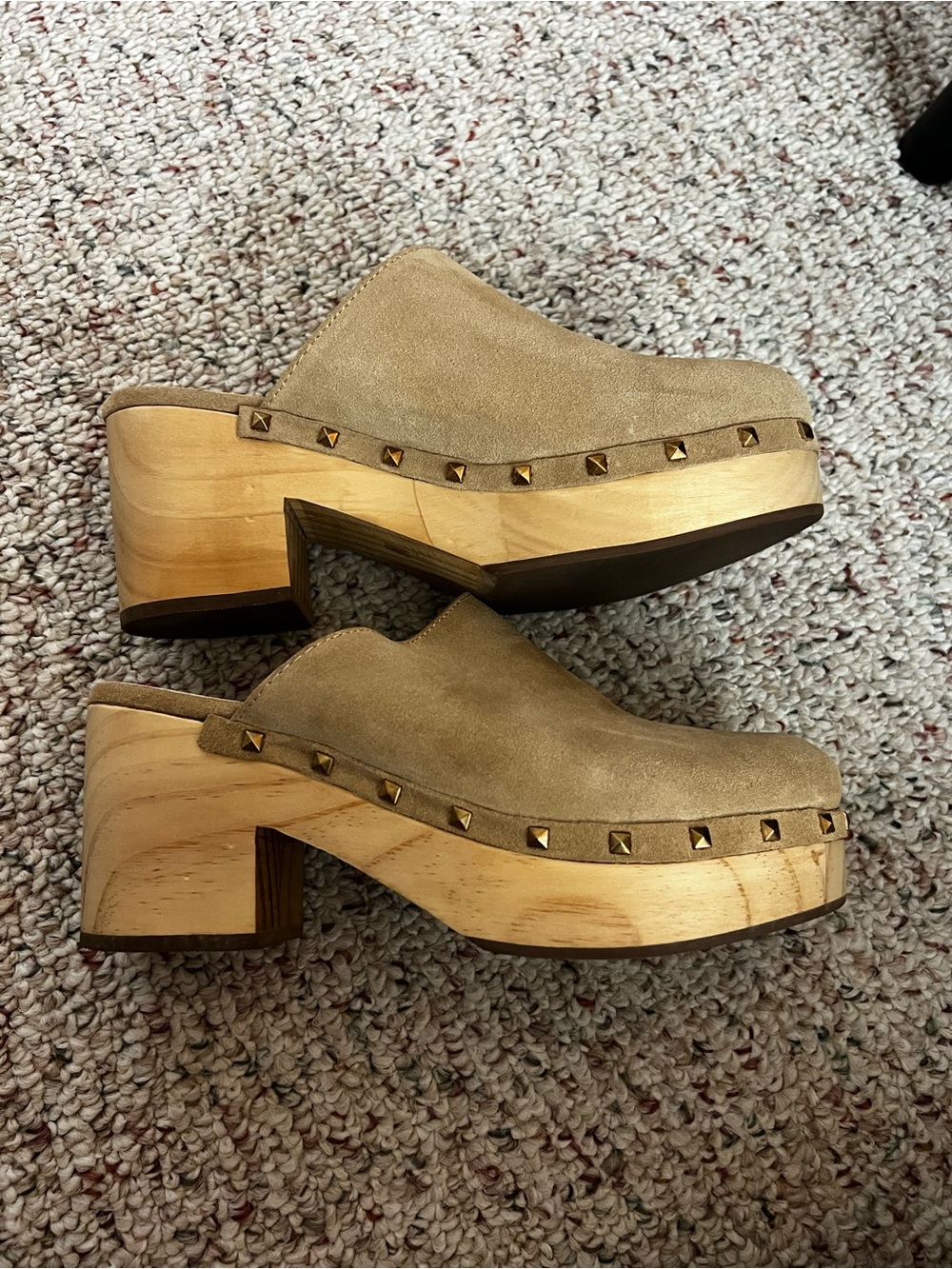 Steve Madden Tan Suede Studded Clog Mules with Wood Platform